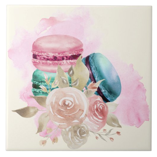Carreau Macarons et fleurs colorés Aquarelle (Devant)