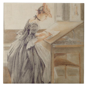 Carreau Madame Copying à un Tableau de dessin, c.1760-70