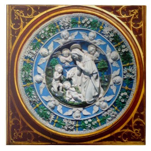 CARREAU MADONNA AVEC ENFANT ET ANGES COURONNE FLORALE