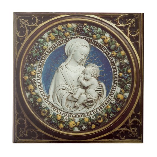 CARREAU MADONNA AVEC ENFANT RENAISSANCE FLORAL CROWN (Devant)