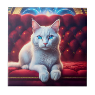 Carreau Magnifique chat albinos aux yeux bleus sur canapé