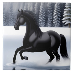 Carreau Magnifique cheval noir cabré sur une surface ennei