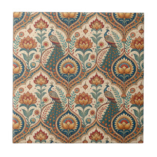 Carreau Magnifique Paon & Motif Floral Indien Artwork