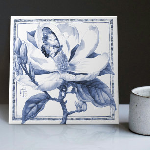 Carreau Magnolia Bleu de Delft Décor Art Nouveau Aquarelle