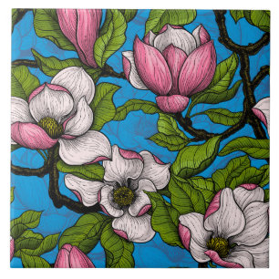 Carreau Magnolia en floraison sur bleu