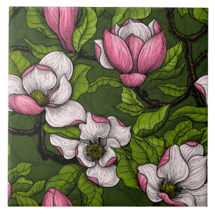 Carreau Magnolia en floraison sur vert foncé