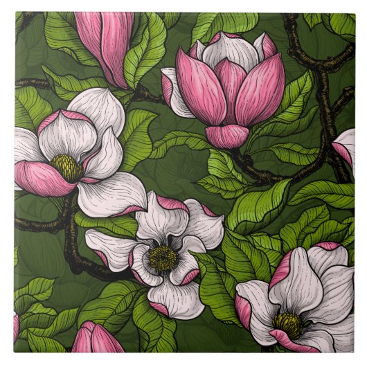 Carreau Magnolia en floraison sur vert foncé (Devant)