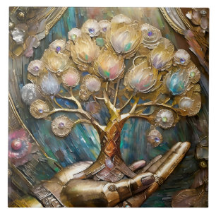 Carreau Main Robot D'Or Tenant Arbre De Vie D'Or