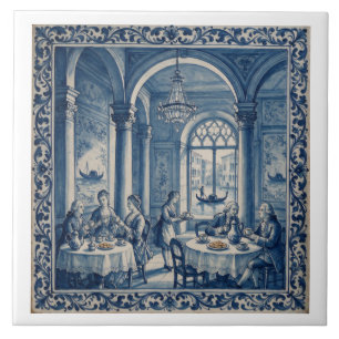 Carreau Maison de café Venise bleue et blanche de style an