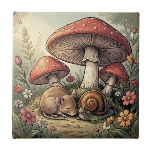 Carreau Maison de Campagne Rétro Champignons et Faune (Devant)
