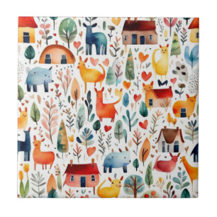 Carreau Maisons rouges et feuille de papier mignon