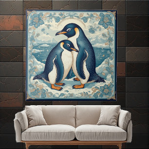 Carreau Manchot Art Déco Glace Oiseaux Couple Neige Océan