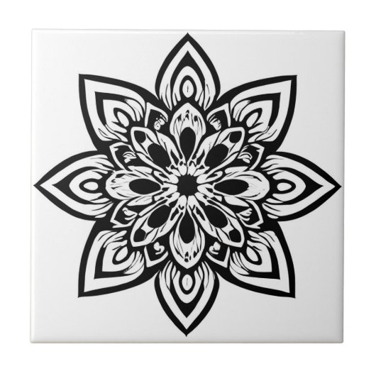 Carreau Mandala à huit points noir et blanc étoile (Devant)