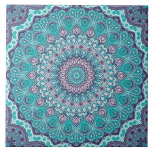 Carreau Mandala à l'aquarelle en turquoise et violet