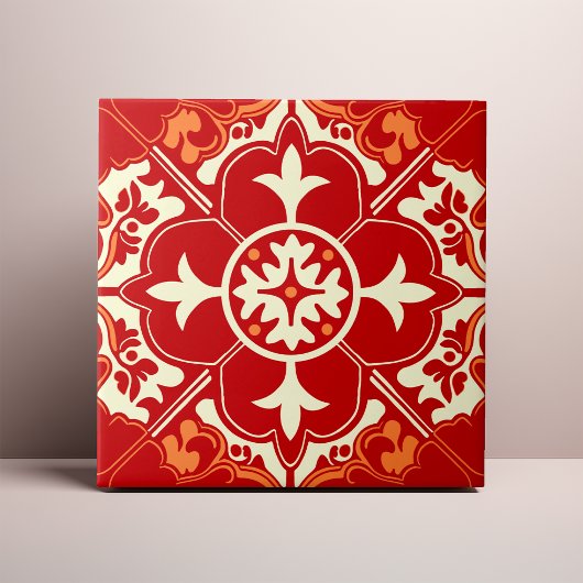 Carreau Mandala Azulejo Rouge Crème et Orange