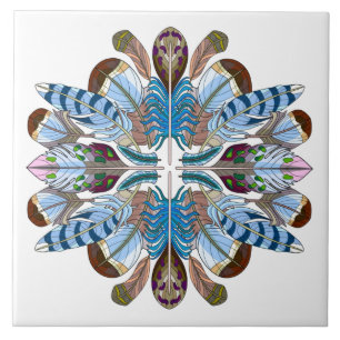 Carreau Mandala, Blues/Browns en plumes peintes