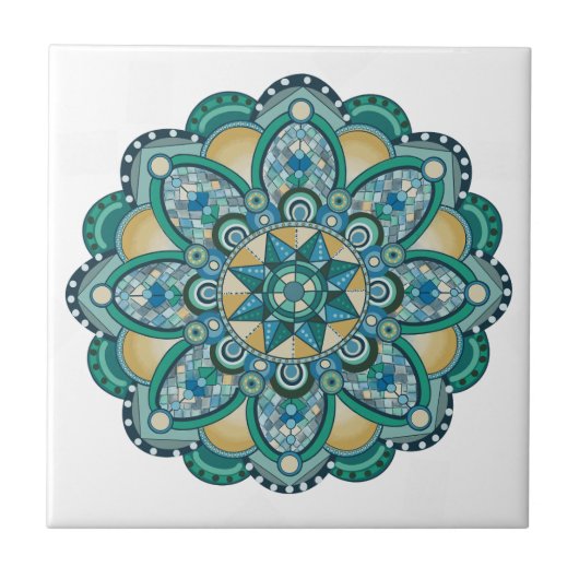 Carreau Mandala en bleu, vert et or (Devant)