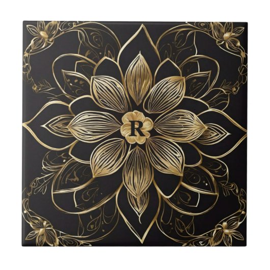 Carreau Mandala floral doré Monogramme initial noir élégan (Devant)