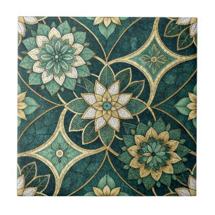 Carreau Mandala floral émeraude et or - Ornemental
