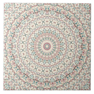 Carreau Mandala géométrique complexe en Turquoise, Rose et