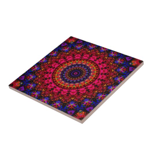 Carreau Mandala kaléidoscope d'ethnie Damas rose et bleu (Côté)
