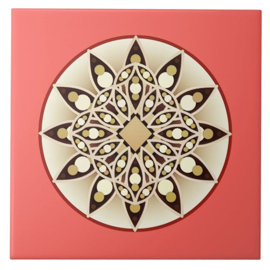 Carreau Mandala motif en corail orange, chocolat et bronza (Devant)