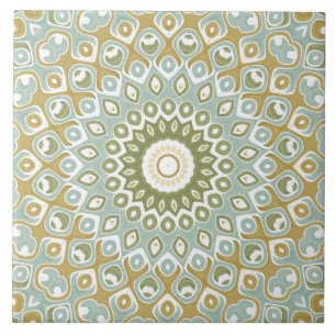 Carreau Mandala Terrien en Vert, Or et Bleu Clair