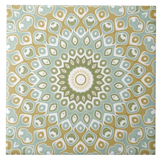 Carreau Mandala Terrien en Vert, Or et Bleu Clair (Devant)