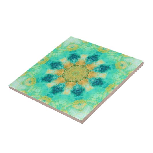Carreau mandala turquoise et jaune| motif kaleidoscope (Côté)
