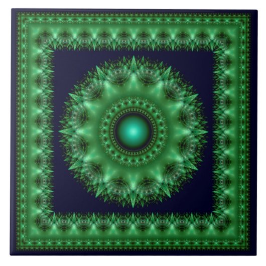 Carreau Mandala vert fractal brillant encadré (Devant)