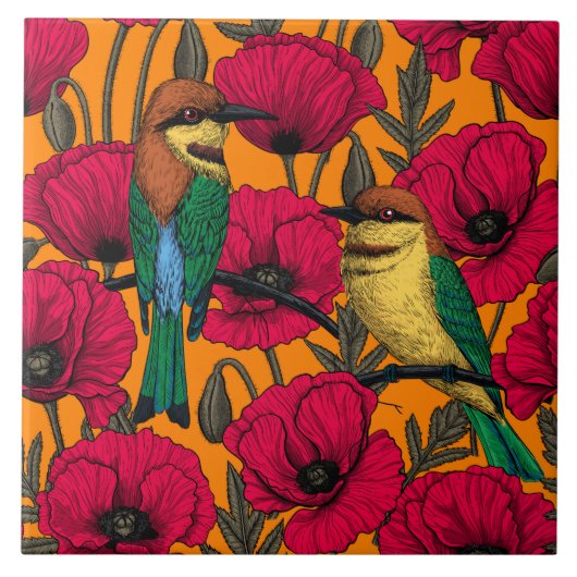 Carreau Mangeurs d'abeilles et pavots sur orange (Devant)