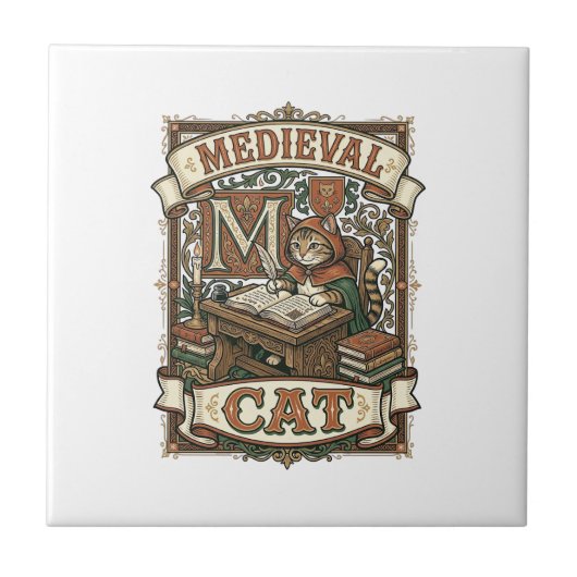 Carreau Manuscrit médiéval de chat médiéval vintage (Devant)