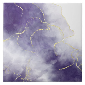 Carreau Marbre aquarelle violet feuille d'or abstrait luxe