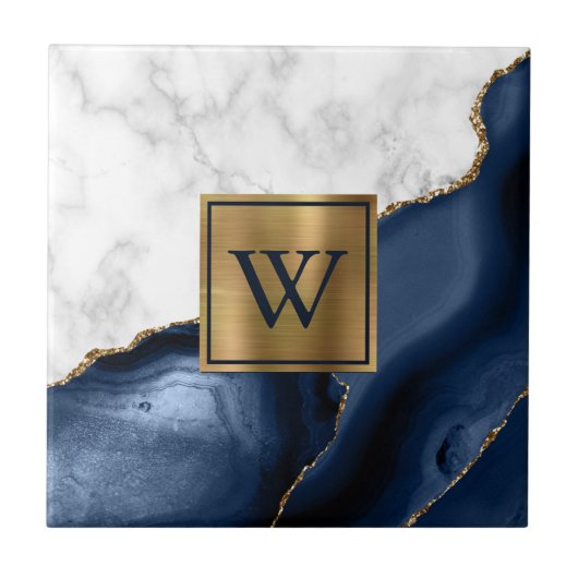 Carreau Marbre Blanc Agate Bleu Marine Doré Monogramme (Devant)