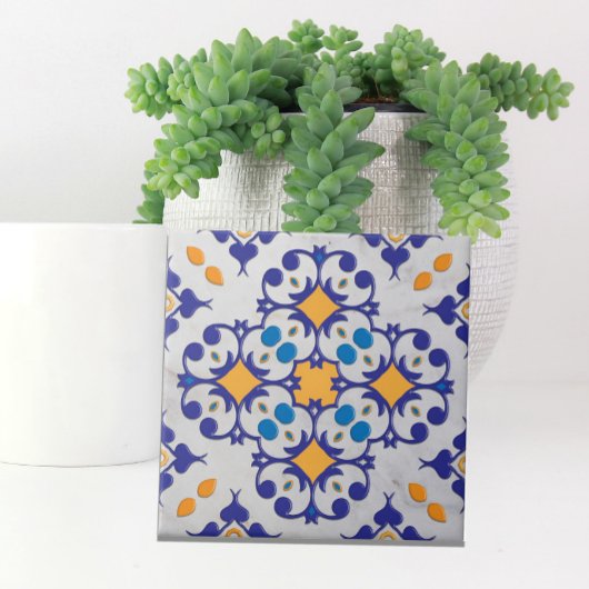 Carreau Marbre blanc bleu orange Motifs portugais
