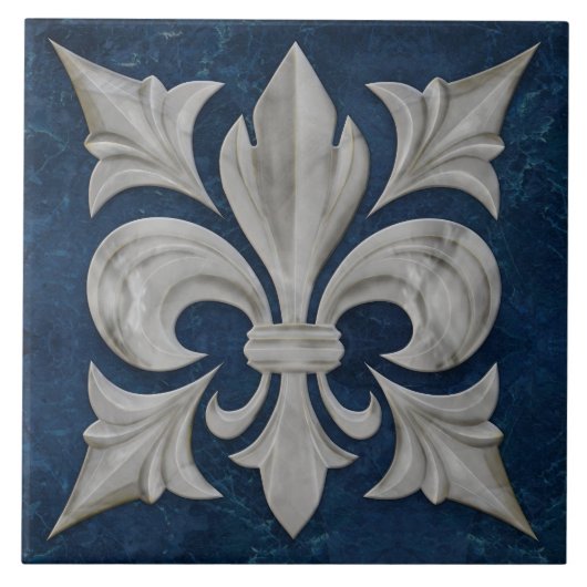 Carreau Marbre blanc et bleu Fleur-De-Lis (Devant)