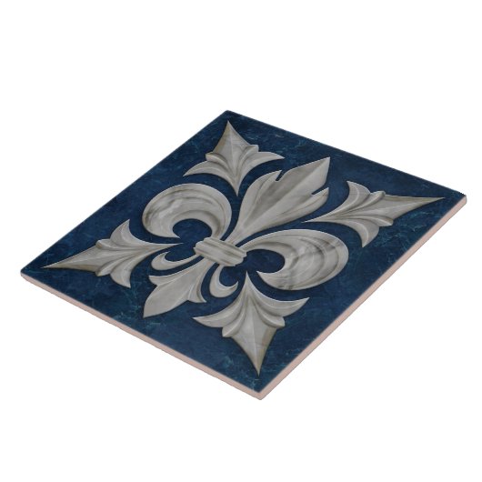 Carreau Marbre blanc et bleu Fleur-De-Lis (Côté)