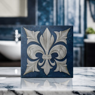 Carreau Marbre blanc et bleu Fleur-De-Lis
