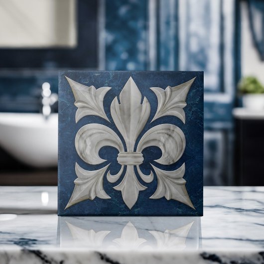 Carreau Marbre blanc et bleu Fleur-De-Lis