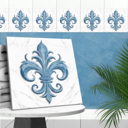 Carreau Marbre blanc et bleu Fleur-De-Lis