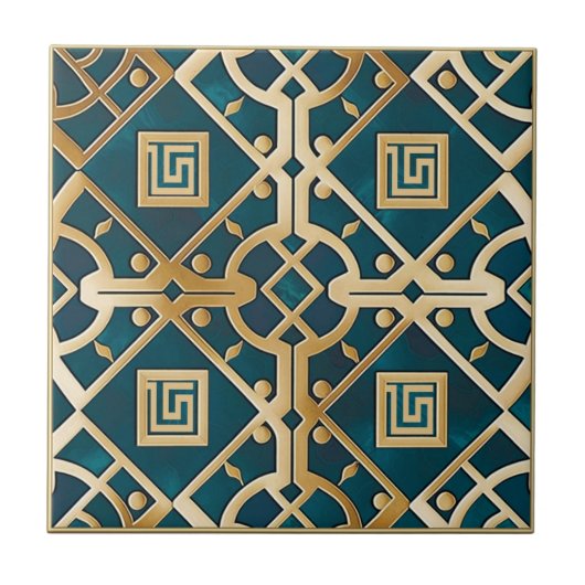 Carreau Marbre de Luxe Art Déco Clé Grecque Vert Mer Or (Devant)