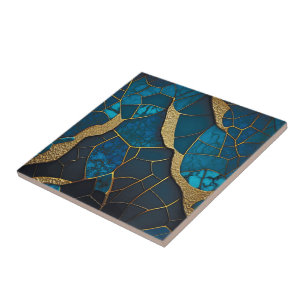 Carreau Marbre mosaïque bleu cobalt avec veines à incrusta