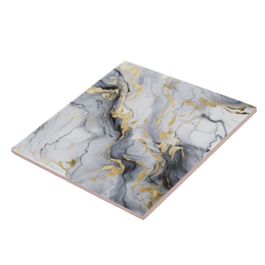 Carreau Marbre Noir Blanc Or Et Encre D'Alcool Abstrait (Côté)