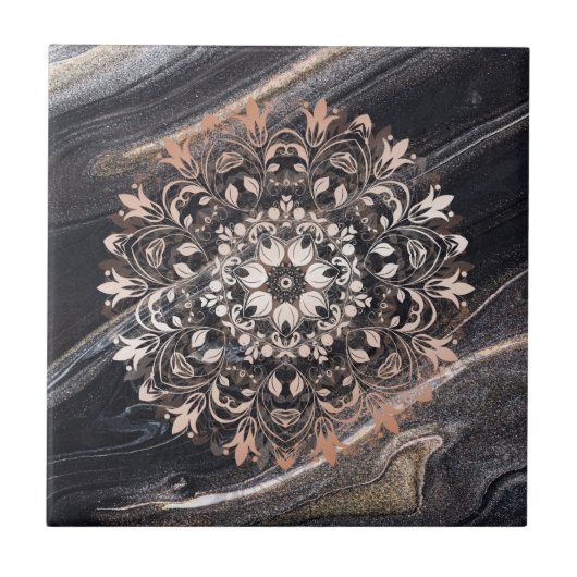 Carreau Marbre noir rose en or Marbre Floral Mandala (Devant)