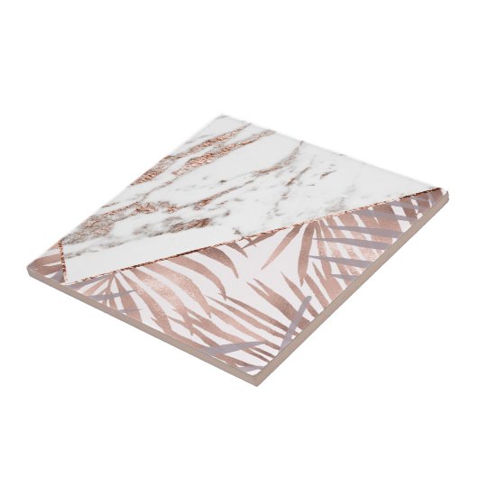 Carreau Marbre rose d'or et fougères tropicales (Côté)