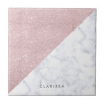 Carreau Marbre rose girly élégant de blanc de parties<br><div class="desc">Parties scintillantes roses d'or de faux géométrique élégant et élégant et bloc de marbre blanc de couleur.</div>