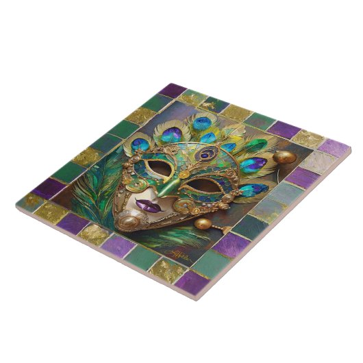 Carreau Mardi Gras Gold Ceramic Peacock Feature Masque (Côté)
