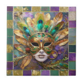 Carreau Mardi Gras Gold et vert Peacock Feature Masque (Devant)