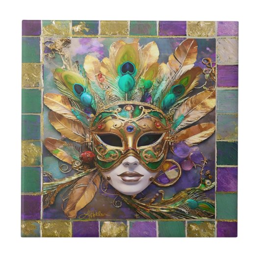 Carreau Mardi Gras Gold et vert Peacock Feature Masque (Devant)