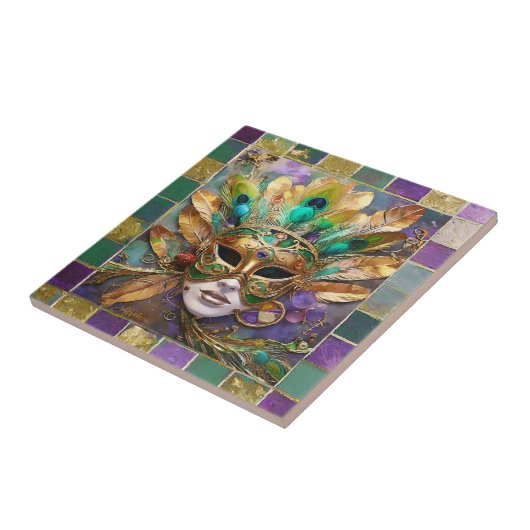 Carreau Mardi Gras Gold et vert Peacock Feature Masque (Côté)